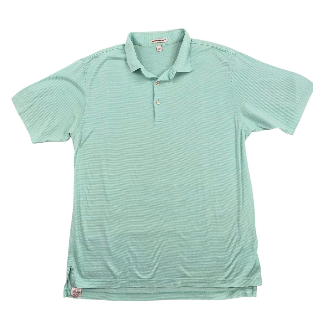 Peter Millar Mens Large Polo Shirt Mint Green Stripe Cotton Short Slv